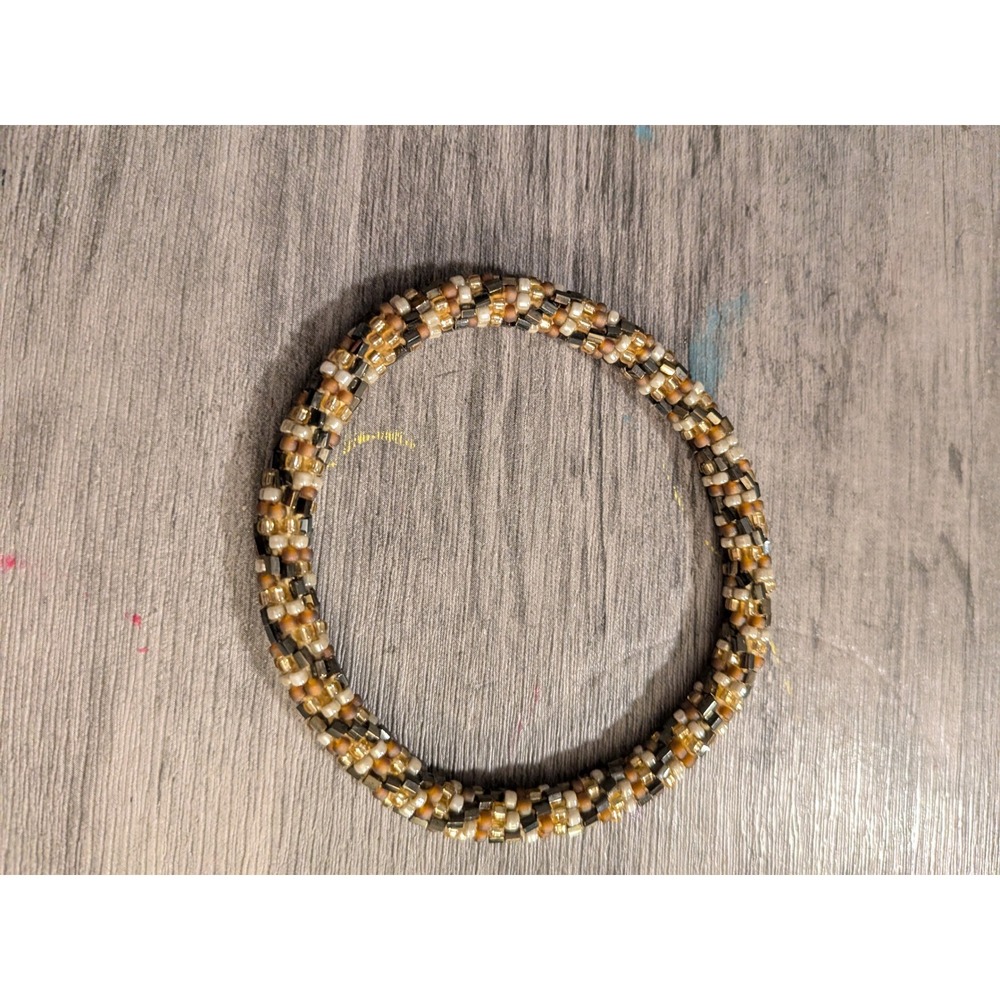 Handmade‎ Beaded Roll On Bangle Bracelet Earth Tones Gold Bronze Glass Seed Bead